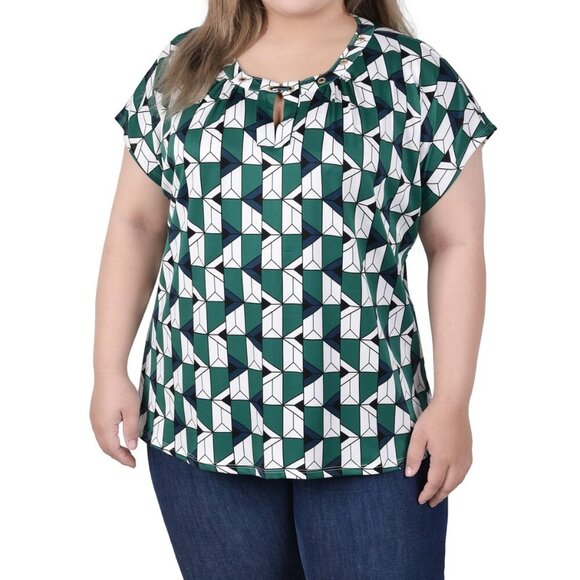 NY Collection Plus Size Short Sleeve Top with Grommets - Kelly Green Ivory 3X - Picture 1 of 5
